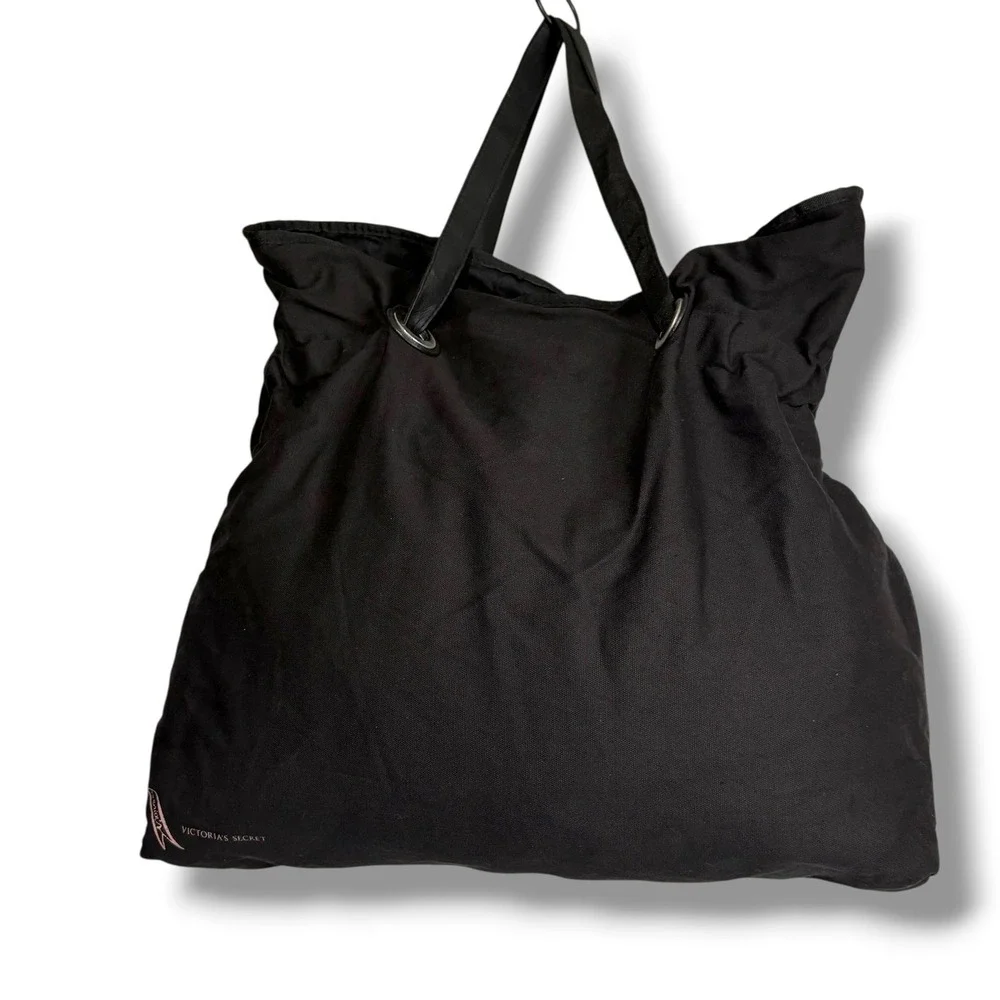 Victoria's Secret Black Canvas Tote Bag Pink Chair Graphic Oversized Shopper NEW